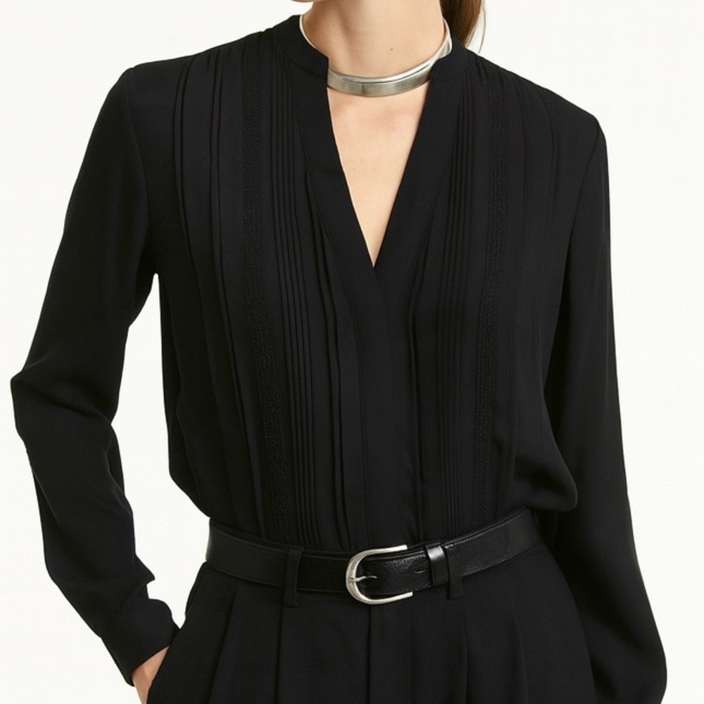 Black Blouse Pleated Pin Tuck Chiffon Fabrication Evening Workwear Minimalist 6